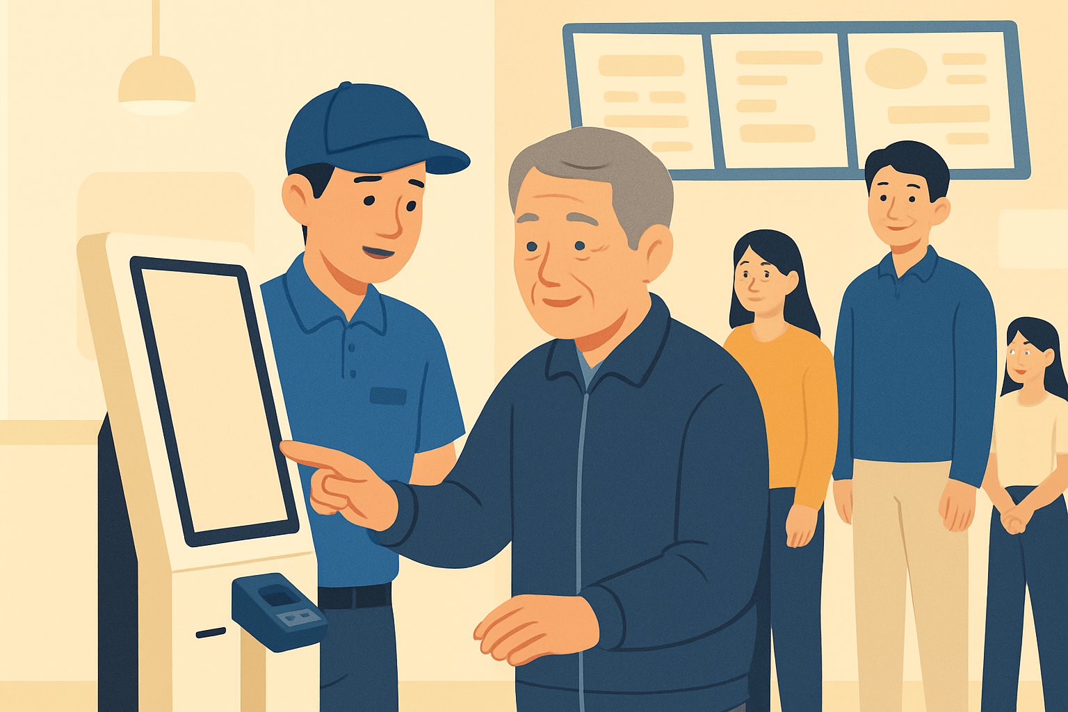 프랜차이즈 매장 키오스크 어르신 고객 교육 — 우리 브랜드 화면 그대로 연습하는 프로그램