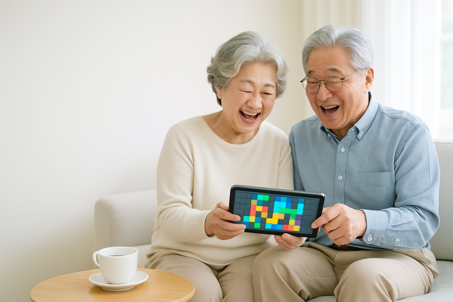 태블릿으로 퍼즐 게임을 하며 웃는 노부부